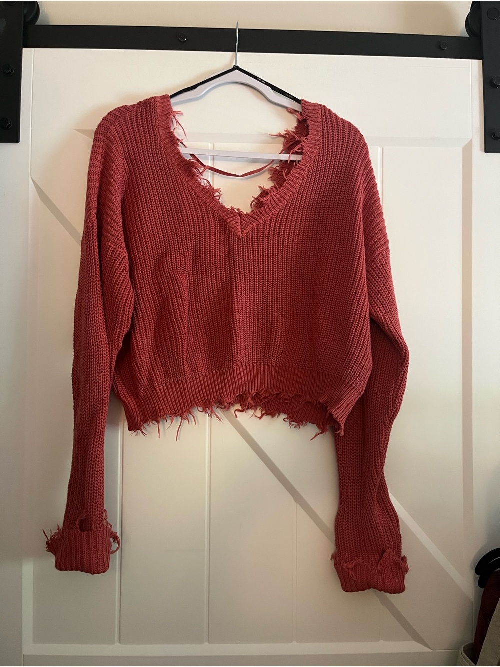 Distressed V-Neck Cropped Sweater
